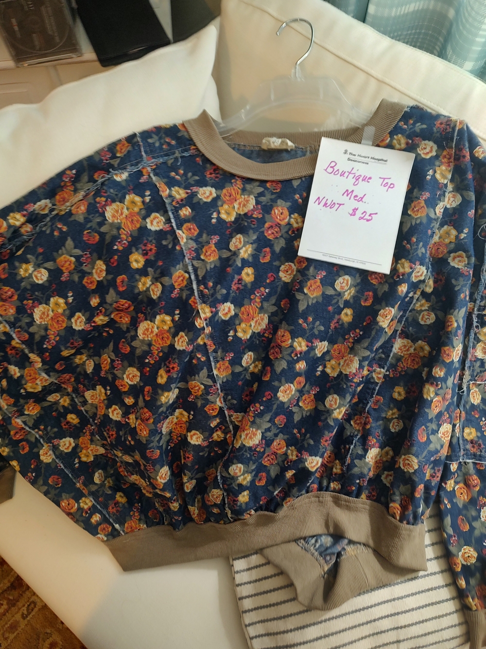 BiBi Navy Floral Pullover with Tan Rib Trim